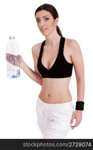 fitness women holding a water bottle on a white isolated background