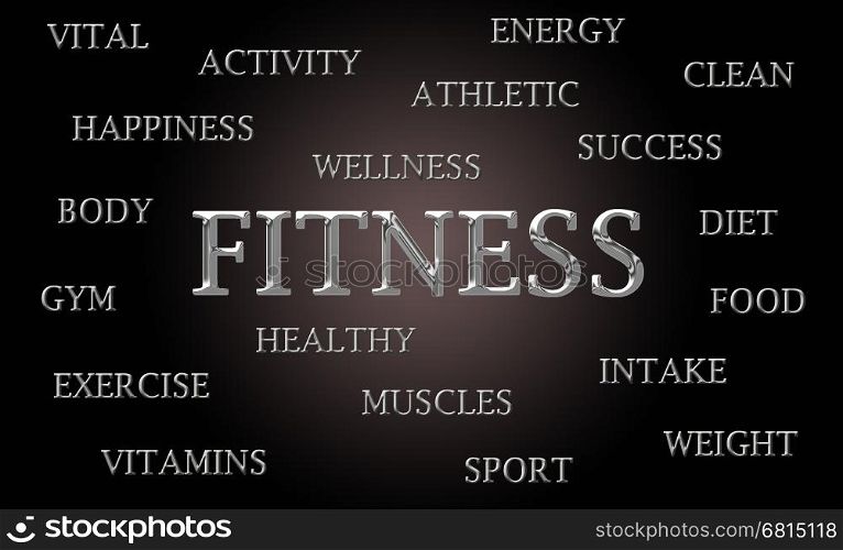 Fitness word cloud written in luxurious chrome lettets
