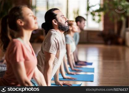 fitness, yoga and healthy lifestyle concept - group of people doing upward-facing dog pose on mats at studio. group of people doing yoga dog pose at studio