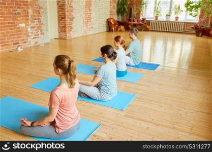 fitness, yoga and healthy lifestyle concept - group of people meditating in lotus pose at studio. group of people making yoga exercises at studio