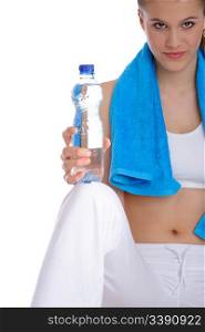 Fitness - Young sportive woman with water and towel on white background