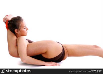 Fitness young woman in white isolated