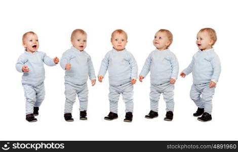 Five adorable babies learning to walk isolated on a white background