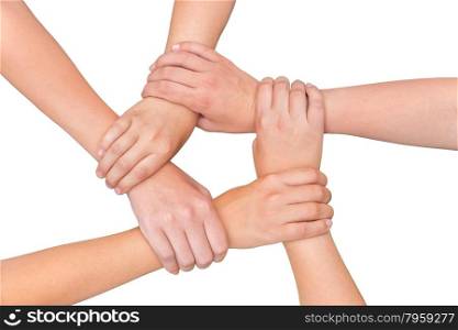 Five arms with hands of girls holding each other joining on white background