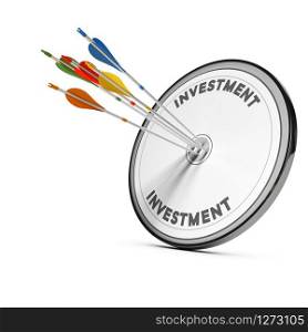 Five arrows hitting the center of an investment target, financial concept image over white background. . Investment Strategy