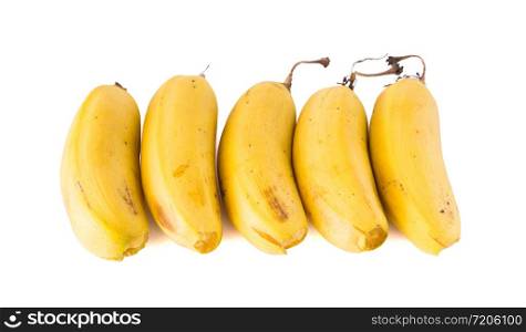 Five banana fruit arranged on white background.