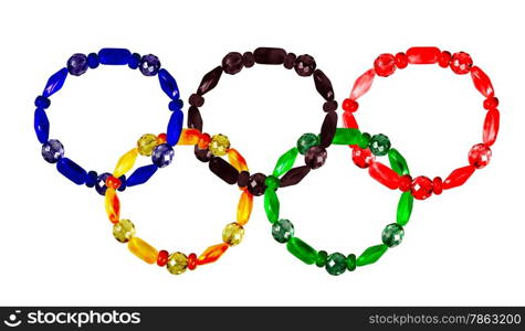 Five bracelets lined combined Olympic rings. Isolated on white background. collage