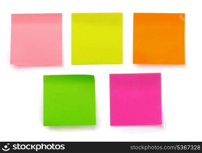 Five color blank sticky notes isolated on white