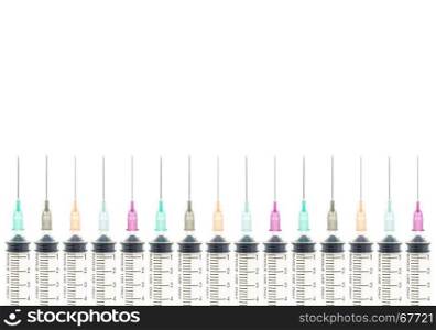 Five color needle or medical device isolated on white background at bottom horizontal view. Medical background for hospital or clinic or health design.