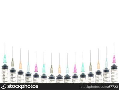 Five color needle or medical device isolated on white background on curve line at bottom. Medical background for hospital or clinic or health design.