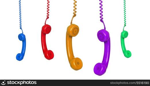 Five colored phones hanging isolated on white background