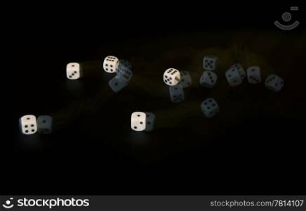 Five dice rolling, captured with a stroboscopic flash