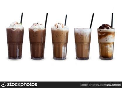 Five different kind of iced coffee isolated on white background, stock photo