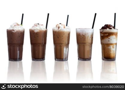 Five different kind of iced coffee with reflect on white background, stock photo