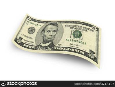 five dollar banknote isolated on white background