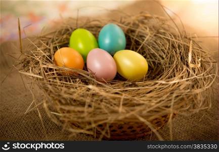 Five Easter eggs lying on table at nest