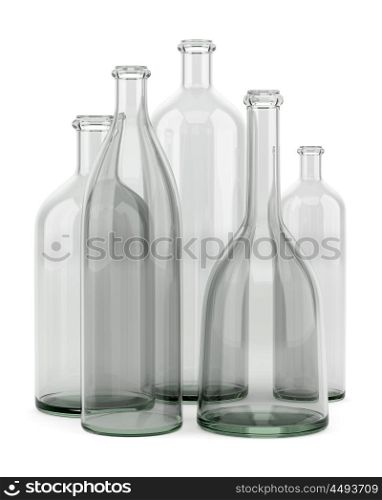 five empty bottles isolated on white background. 3d illustration