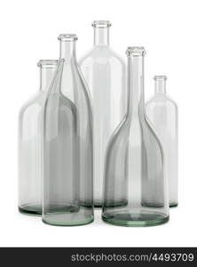 five empty bottles isolated on white background. 3d illustration