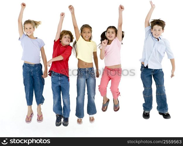 Five friends jumping and smiling