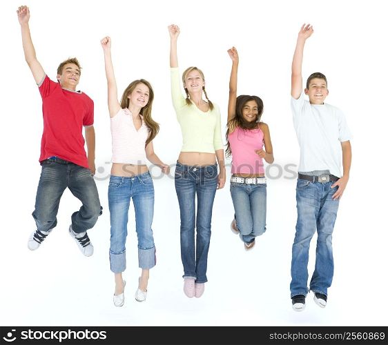 Five friends jumping and smiling