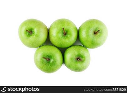 five green apples isolated on white background