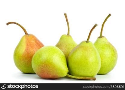 Five green pears isolated on the white background