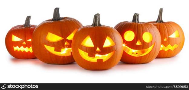 Five Halloween Pumpkins isolated on white background. Halloween Pumpkins on white