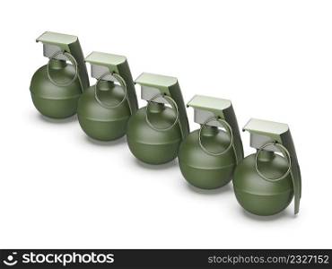 Five hand grenades on white background