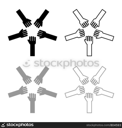 Five hands Group arms Many hands connecting Open palms People putting their hands together Stack hands concept unity icon outline set black grey color vector illustration flat style simple image