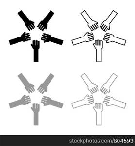 Five hands Group arms Many hands connecting Open palms People putting their hands together Stack hands concept unity icon outline set black grey color vector illustration flat style simple image
