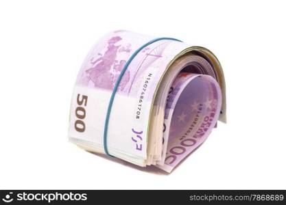 Five hundredth euro banknotes under rubber band isolated