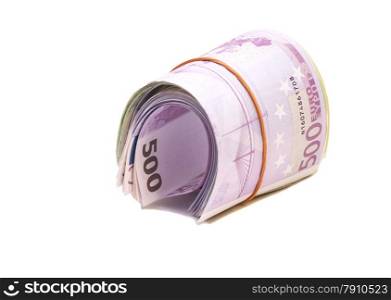 five hundredth euro banknotes under rubber band isolated