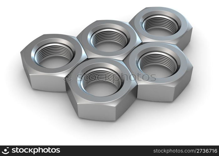 Five metal screw nuts in olympic rings shape