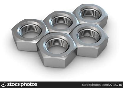 Five metal screw nuts in olympic rings shape