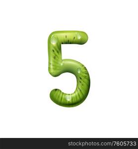Five number of kiwi fruit isolated summertime numeric symbol. Vector 5 numeral of exotic food. 5 numeral of green kiwi seeds isolated five digit