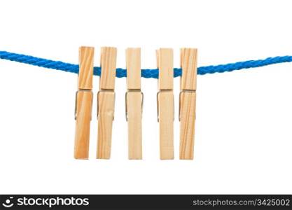 Five pegs hanging in a rope, white isolated background.