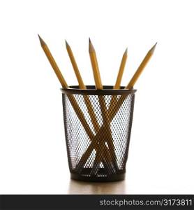 Five pencils in a wire mesh pencil holder.