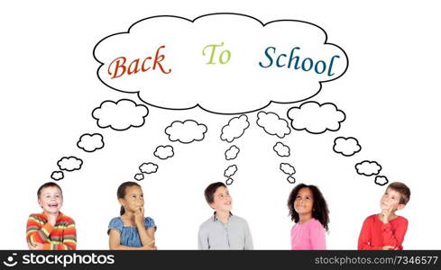 Five pensive children thinking about the back to school isolated on a white background