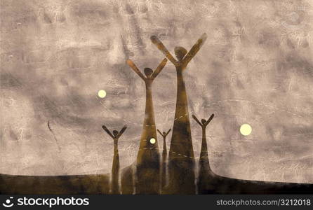 Five people standing with their arms raised