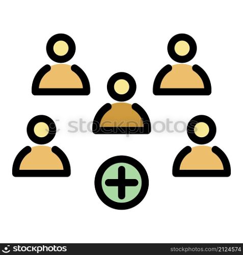 Five persons and a plus sign icon. Outline five persons and a plus sign vector icon color flat isolated. Five persons and a plus sign icon color outline vector