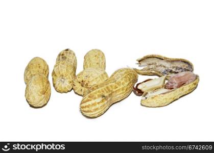 five pieces of peanuts, one piece is cracked, isolated on white background.