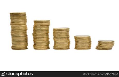 Five piles of money isolated on white