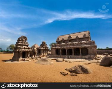 Five Rathas - ancient Hindu monolithic Indian rock-cut architecture. Mahabalipuram, Tamil Nadu, South India
