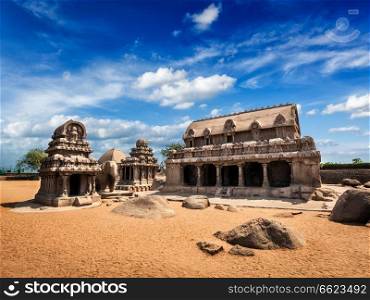 Five Rathas - ancient Hindu monolithic Indian rock-cut architecture. Mahabalipuram, Tamil Nadu, South India. Five Rathas. Mahabalipuram, Tamil Nadu, South India