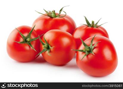 Five ripe red tomatoes isolated on white background