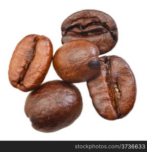 five roasted coffee beans isolated on white background