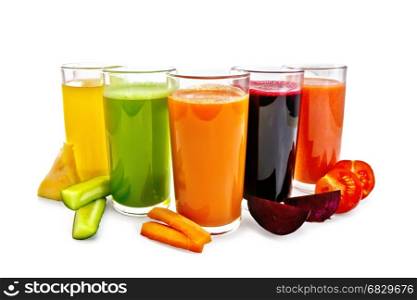 Five tall glasses with juice of carrot, cucumber, tomato, beetroot and pumpkin with vegetable slices isolated on white background