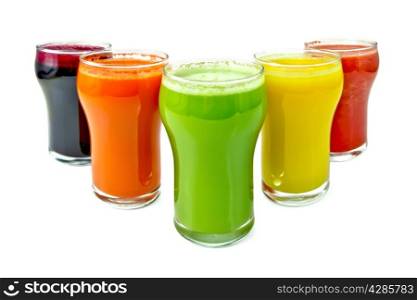 Five tall glasses with juice of carrot, cucumber, tomatoes, beets and pumpkin isolated on white background