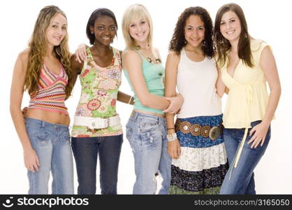 Five teenage girls standing together and smiling