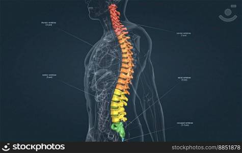 Five vertebrae are fused together to form the sacrum  part of the pelvis , and four small vertebrae are fused together to form the coccyx  tailbone . 3D illustration. The spinal cord lies inside the spinal column, which is made up of 33 bones called vertebrae.